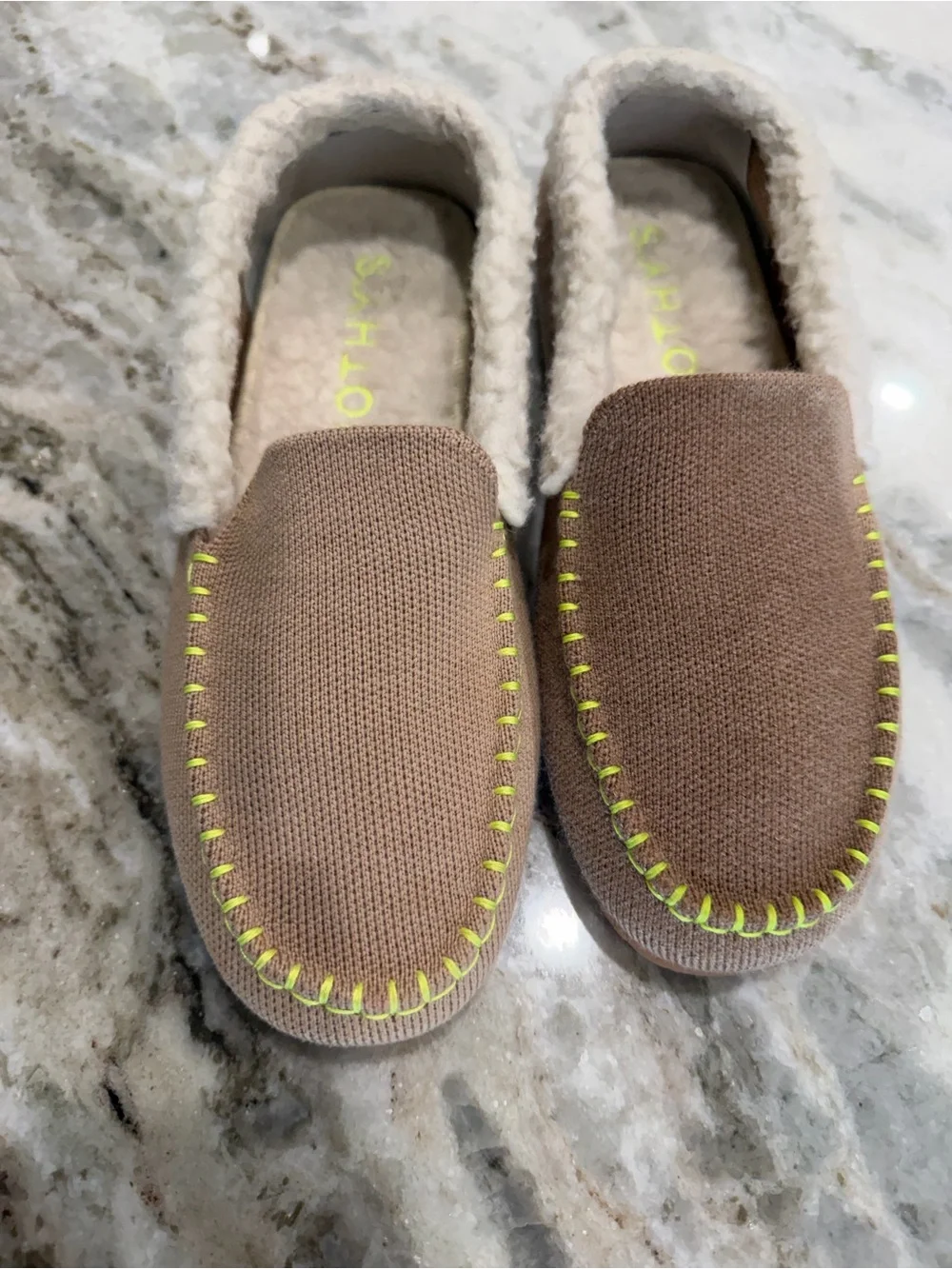 Rothy's Brown Women’s Slip-On Slippers with Neon Yellow Stitching